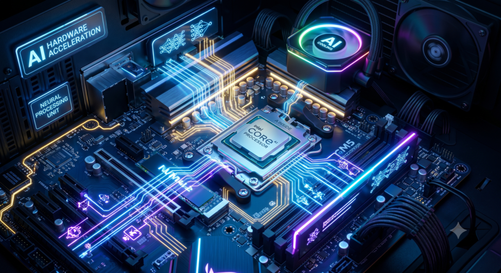 alt="Circuito eletrônico de processador moderno iluminado com feixes de luz simulando o funcionamento de hardware e dispositivos físicos com ia de fábrica."