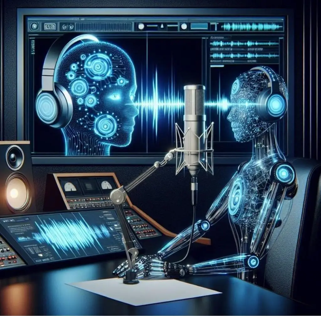 Inteligência artificial criando clonagem de voz hiper-realista em aplicativo futurista de áudio digital.